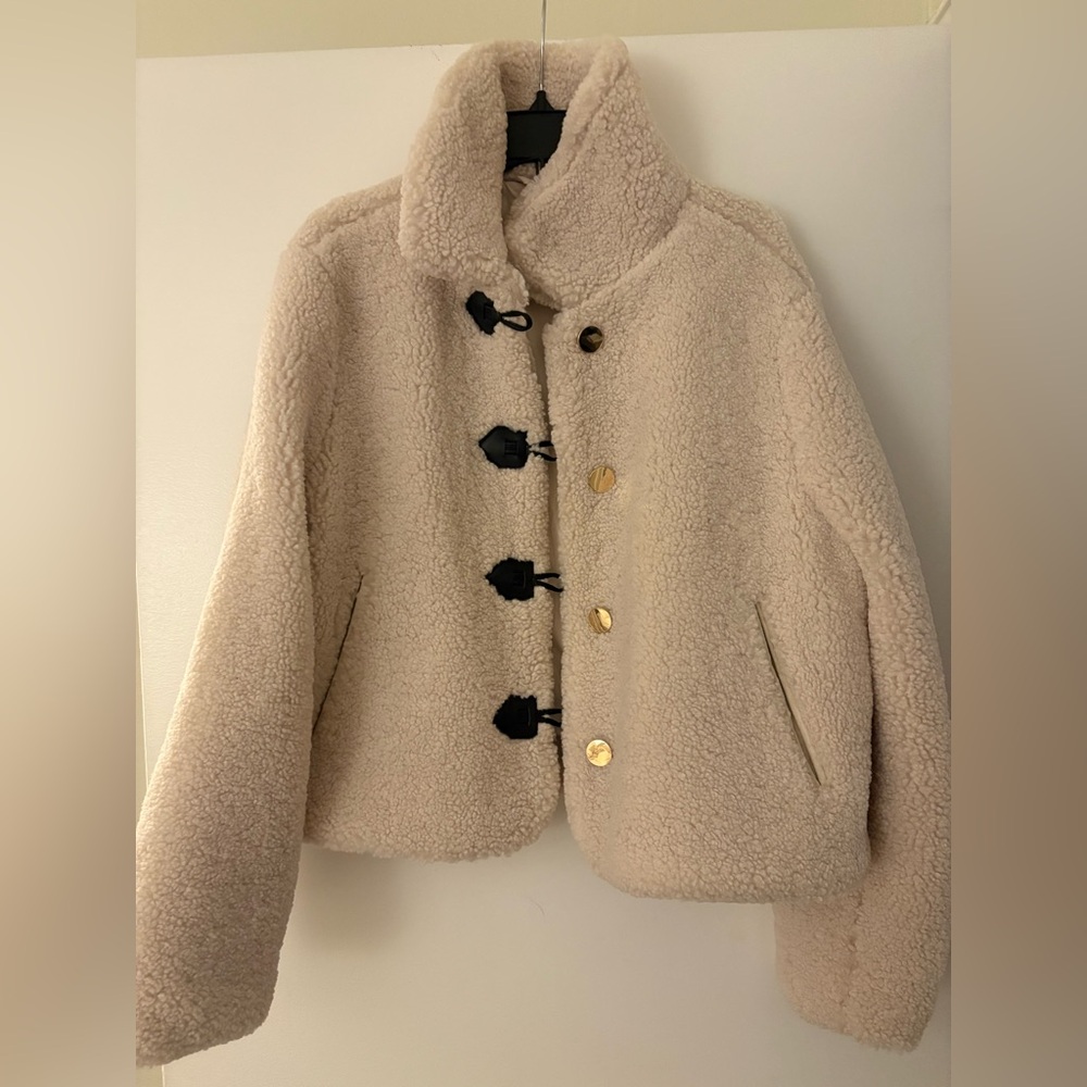 Zara white fleece jacket with gold buttons